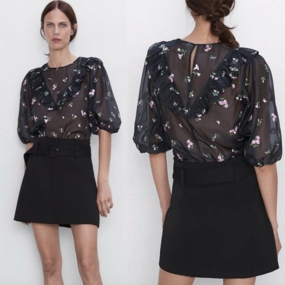 ZARA The Alice Blouse Organza Embroidered Ruffles Size Small